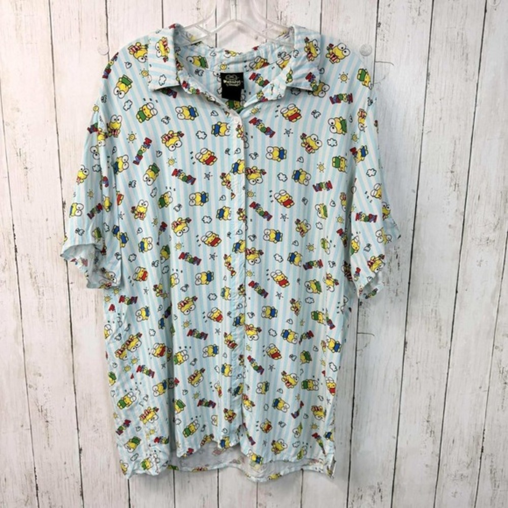 Keroppi by‎ Sanrio Women's Pajama Top Blue Frog Print Button Up Shirt Size XL